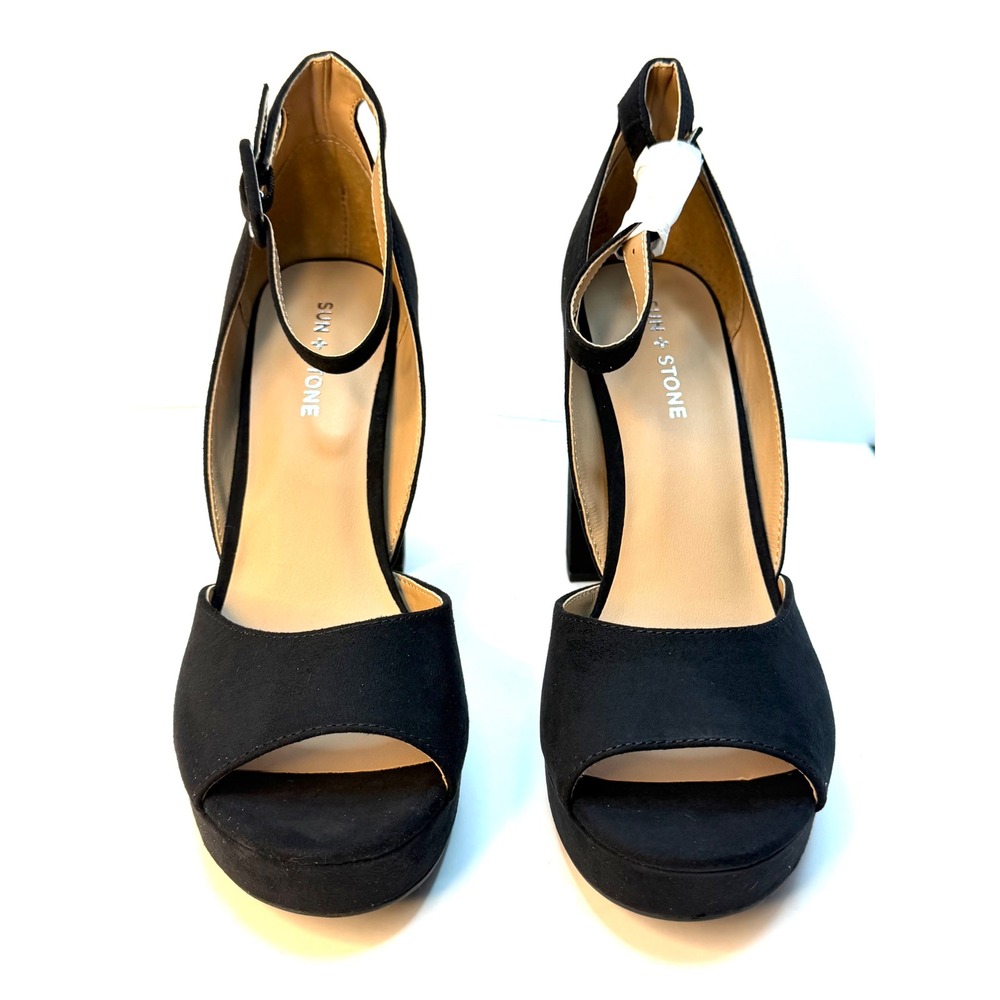 Sun + Stone Women's Reemaa Peep Toe Block Heel Platform Sandal Black 10.5M NWT